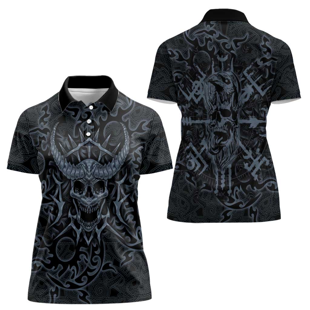 Viking Horned Skull and Raven Emblem Women Polo Shirt Dark Nordic Tribal Grunge Illustration
