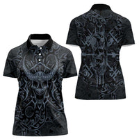 Viking Horned Skull and Raven Emblem Women Polo Shirt Dark Nordic Tribal Grunge Illustration