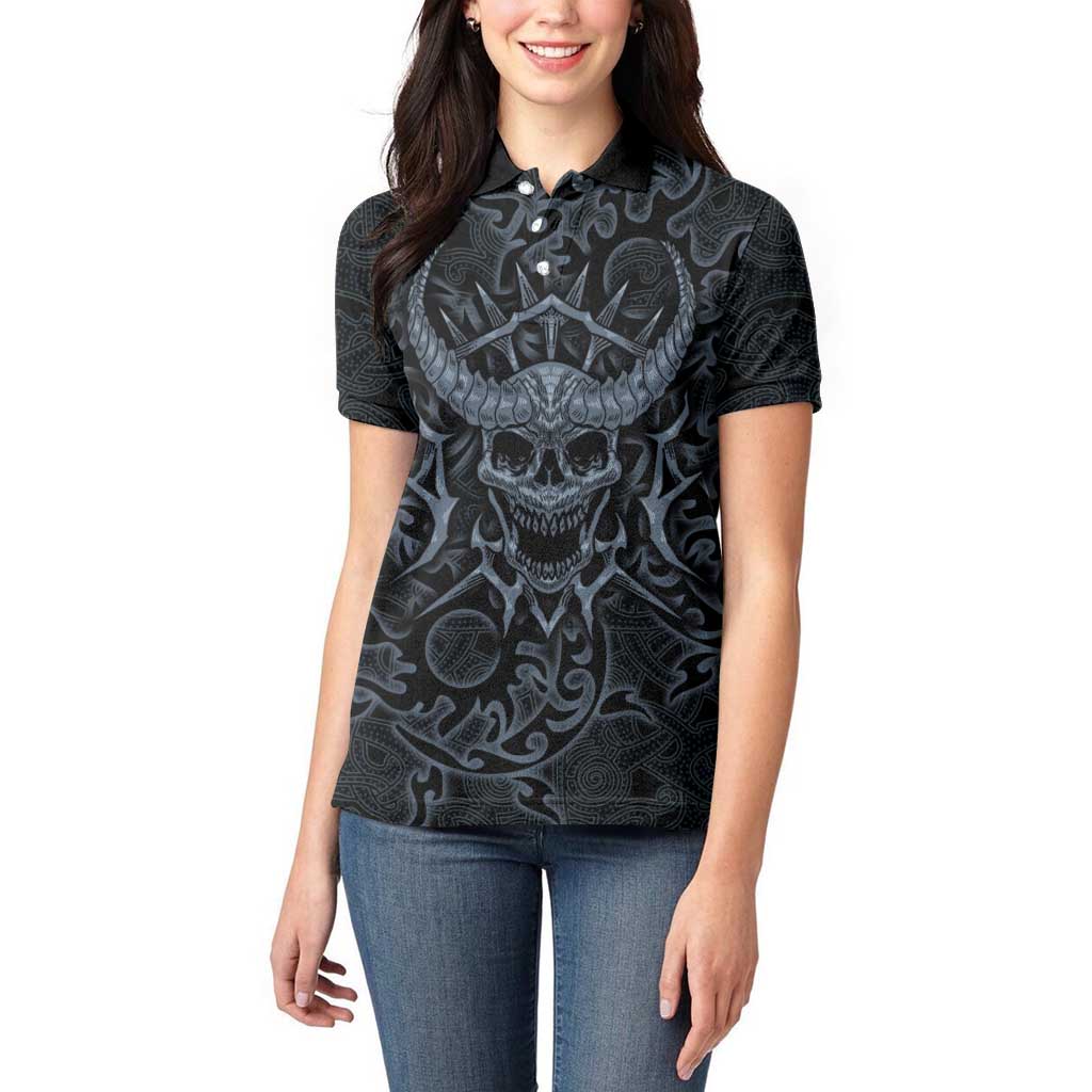 Viking Horned Skull and Raven Emblem Women Polo Shirt Dark Nordic Tribal Grunge Illustration