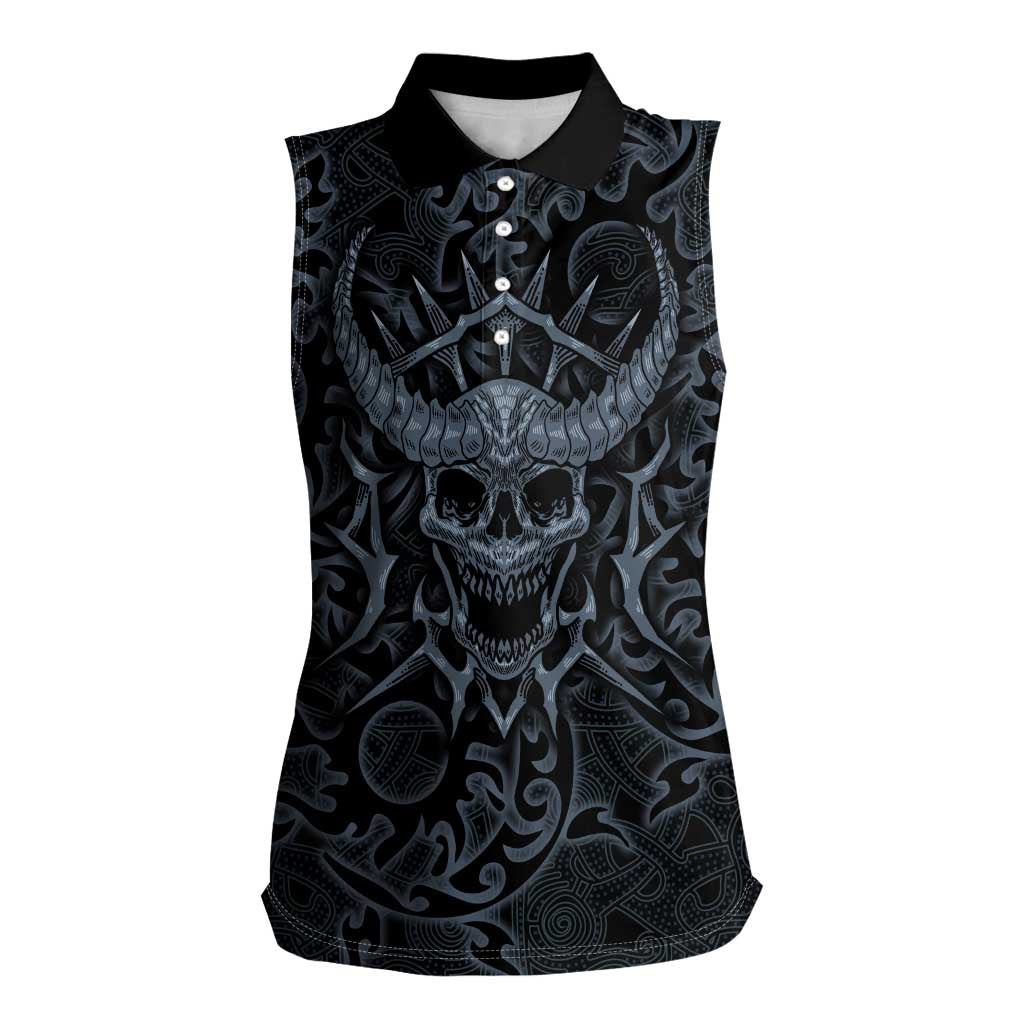 Viking Horned Skull and Raven Emblem Women Sleeveless Polo Shirt Dark Nordic Tribal Grunge Illustration