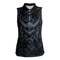 Viking Horned Skull and Raven Emblem Women Sleeveless Polo Shirt Dark Nordic Tribal Grunge Illustration