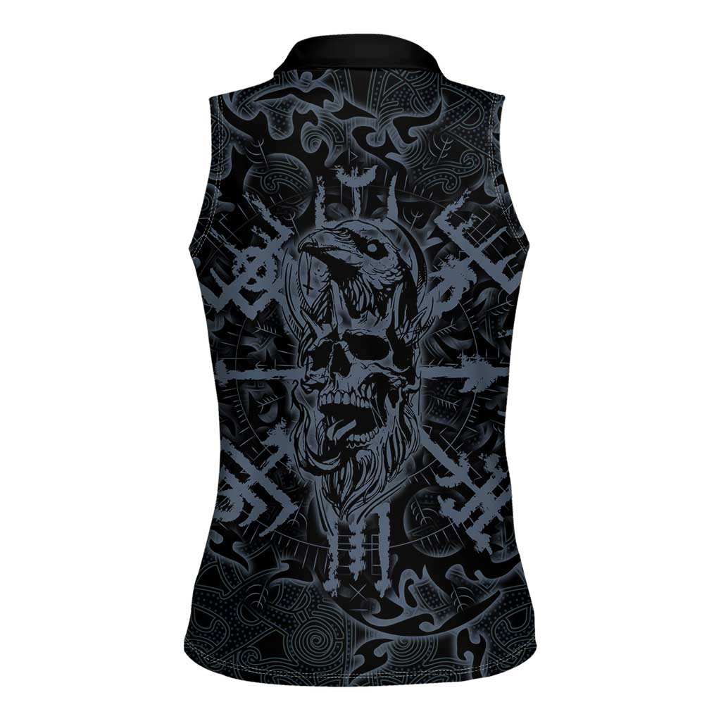 Viking Horned Skull and Raven Emblem Women Sleeveless Polo Shirt Dark Nordic Tribal Grunge Illustration