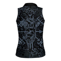 Viking Horned Skull and Raven Emblem Women Sleeveless Polo Shirt Dark Nordic Tribal Grunge Illustration