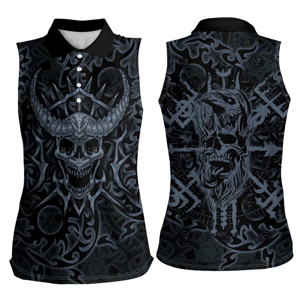Viking Horned Skull and Raven Emblem Women Sleeveless Polo Shirt Dark Nordic Tribal Grunge Illustration