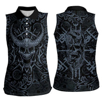 Viking Horned Skull and Raven Emblem Women Sleeveless Polo Shirt Dark Nordic Tribal Grunge Illustration