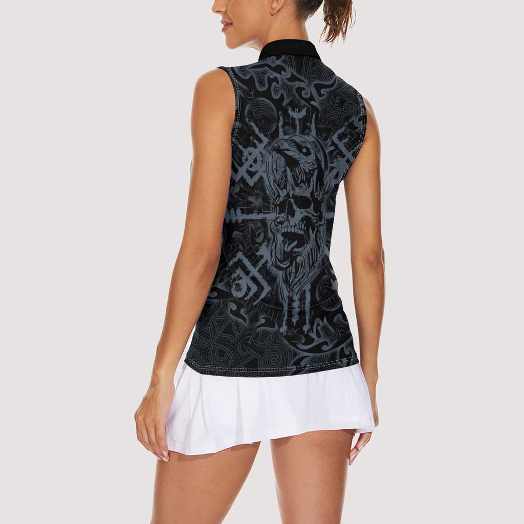 Viking Horned Skull and Raven Emblem Women Sleeveless Polo Shirt Dark Nordic Tribal Grunge Illustration