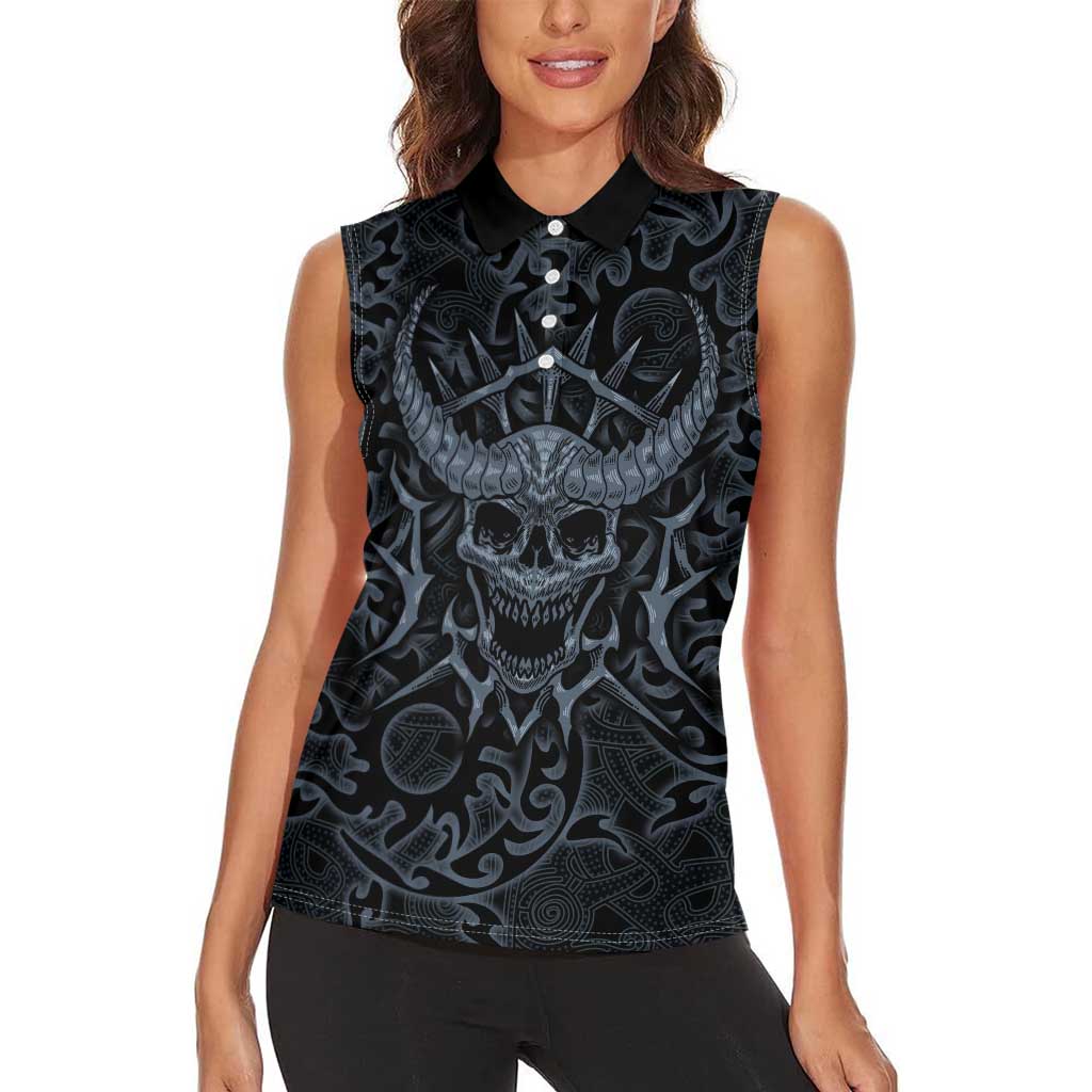 Viking Horned Skull and Raven Emblem Women Sleeveless Polo Shirt Dark Nordic Tribal Grunge Illustration