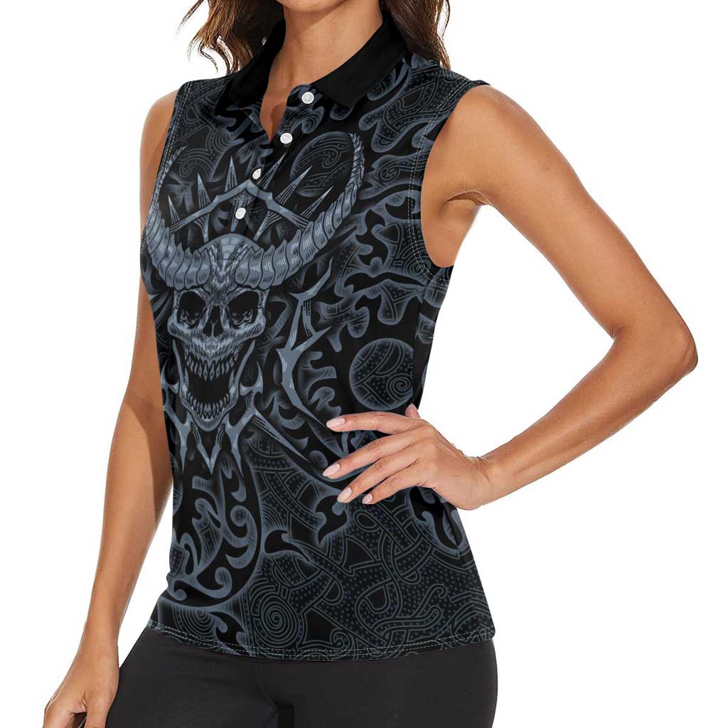 Viking Horned Skull and Raven Emblem Women Sleeveless Polo Shirt Dark Nordic Tribal Grunge Illustration