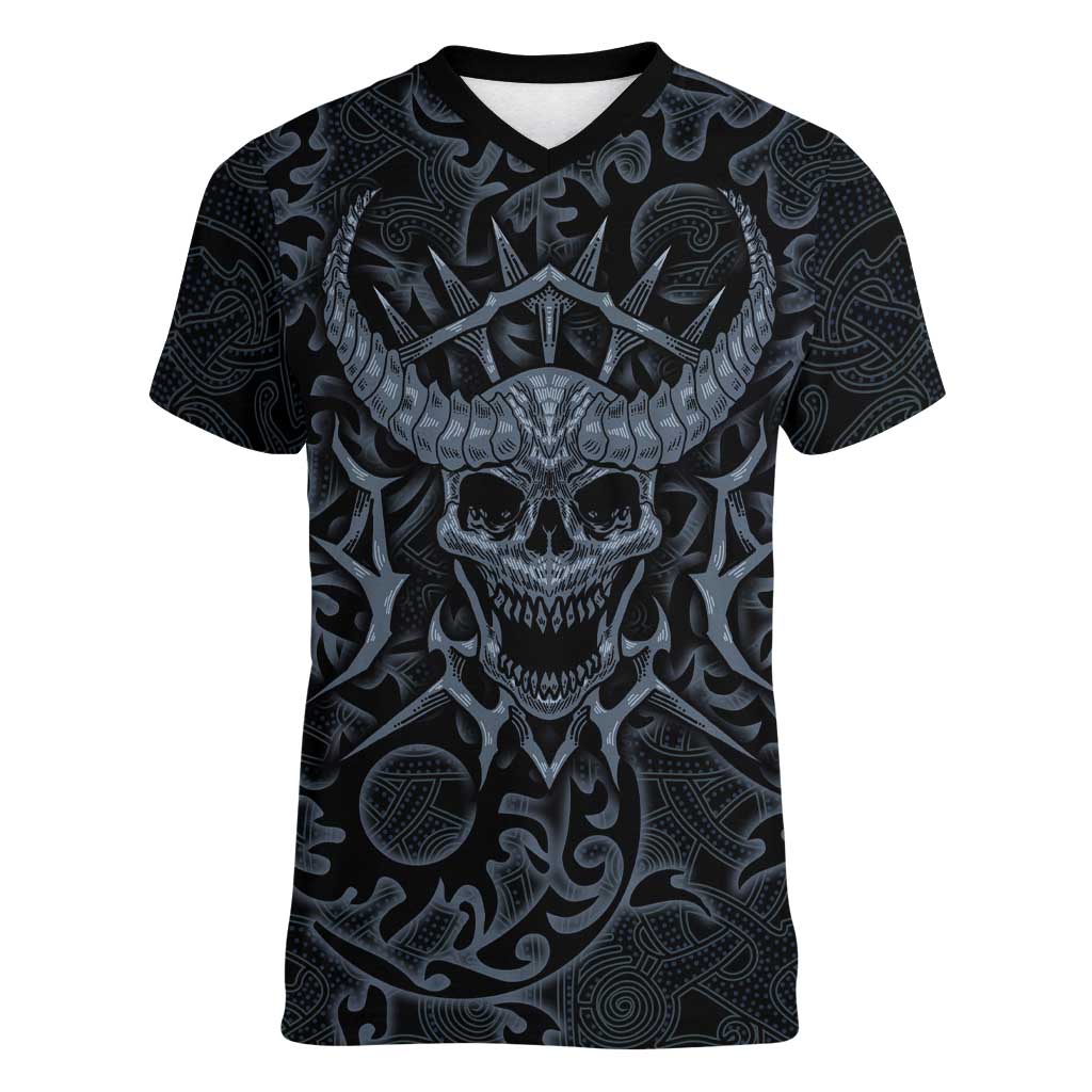 Viking Horned Skull and Raven Emblem Women V-Neck T-Shirt Dark Nordic Tribal Grunge Illustration