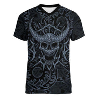 Viking Horned Skull and Raven Emblem Women V-Neck T-Shirt Dark Nordic Tribal Grunge Illustration