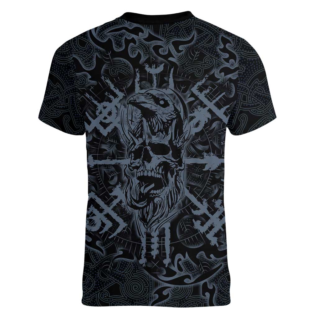 Viking Horned Skull and Raven Emblem Women V-Neck T-Shirt Dark Nordic Tribal Grunge Illustration