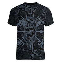 Viking Horned Skull and Raven Emblem Women V-Neck T-Shirt Dark Nordic Tribal Grunge Illustration