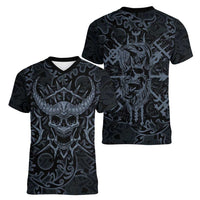 Viking Horned Skull and Raven Emblem Women V-Neck T-Shirt Dark Nordic Tribal Grunge Illustration