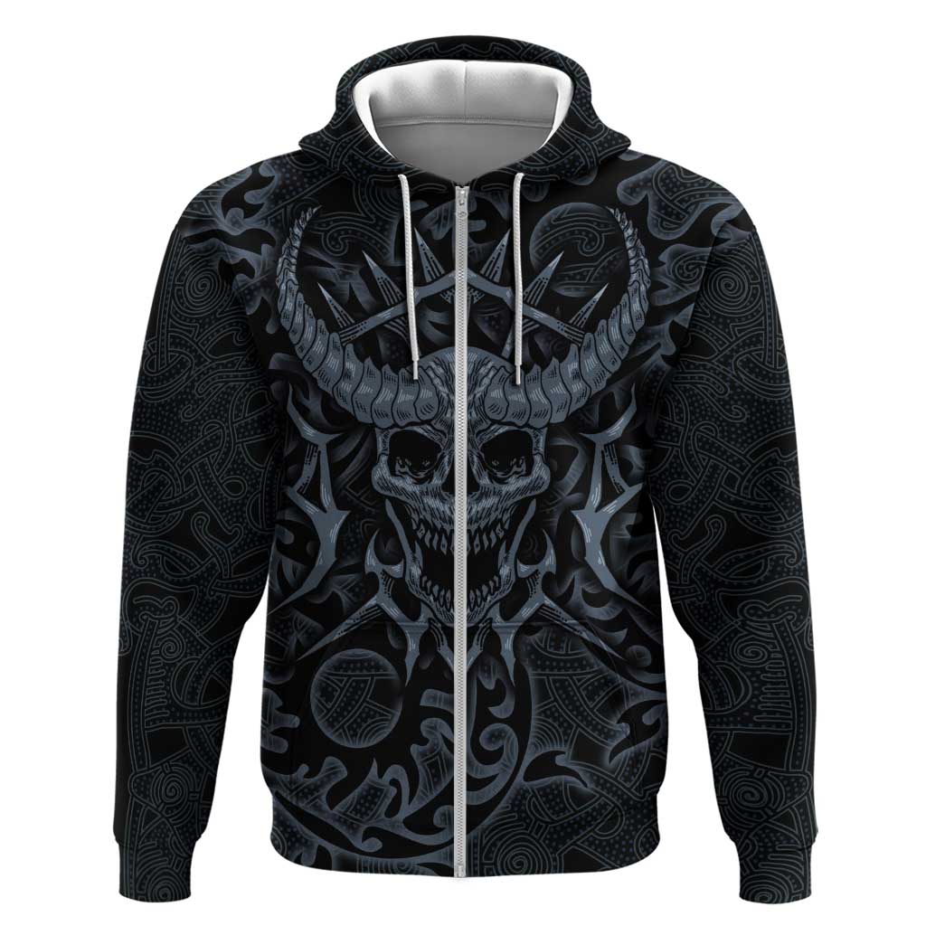 Viking Horned Skull and Raven Emblem Zip Hoodie Dark Nordic Tribal Grunge Illustration