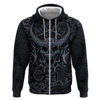 Viking Horned Skull and Raven Emblem Zip Hoodie Dark Nordic Tribal Grunge Illustration