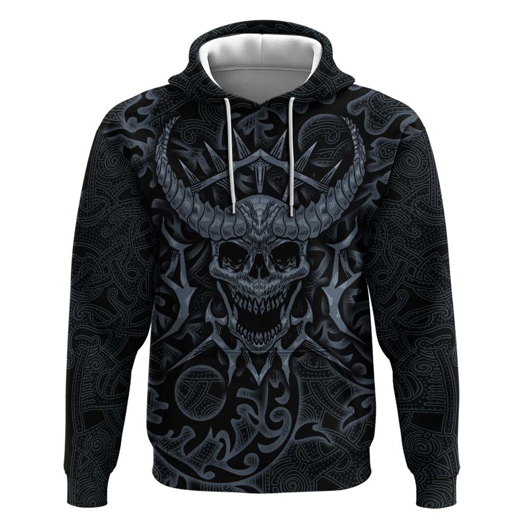 Viking Horned Skull and Raven Emblem Zip Hoodie Dark Nordic Tribal Grunge Illustration