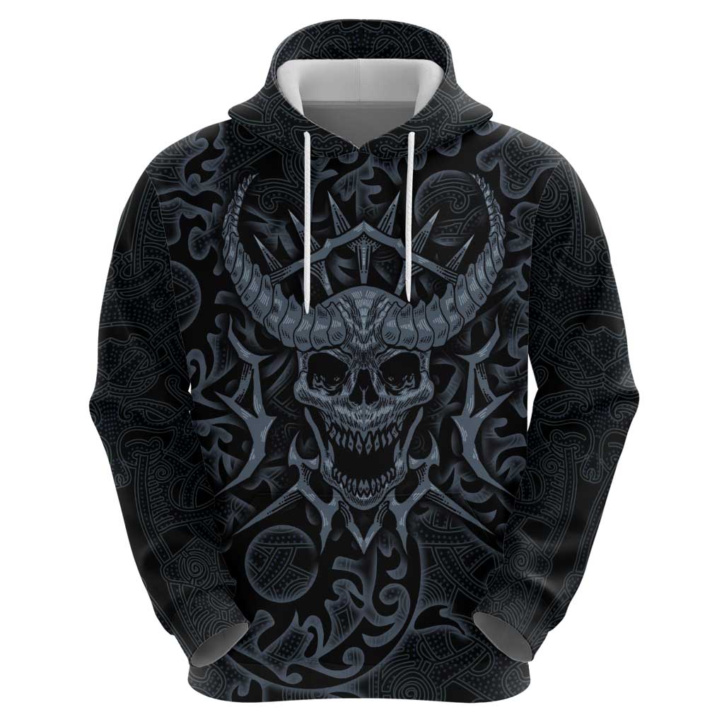 Viking Horned Skull and Raven Emblem Zip Hoodie Dark Nordic Tribal Grunge Illustration