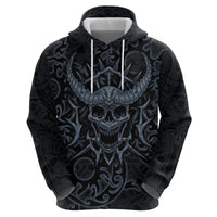 Viking Horned Skull and Raven Emblem Zip Hoodie Dark Nordic Tribal Grunge Illustration