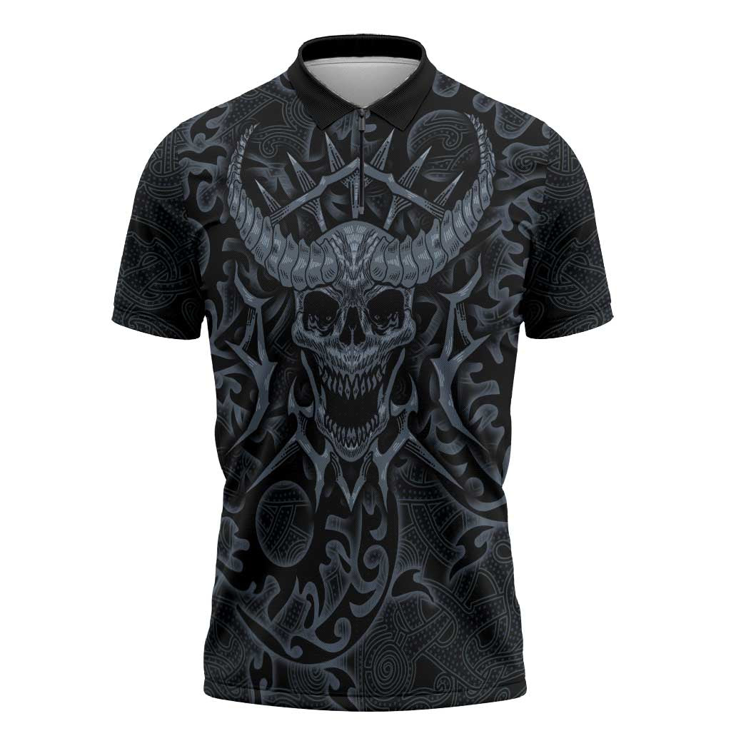 Viking Horned Skull and Raven Emblem Zipper Polo Shirt Dark Nordic Tribal Grunge Illustration