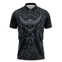 Viking Horned Skull and Raven Emblem Zipper Polo Shirt Dark Nordic Tribal Grunge Illustration