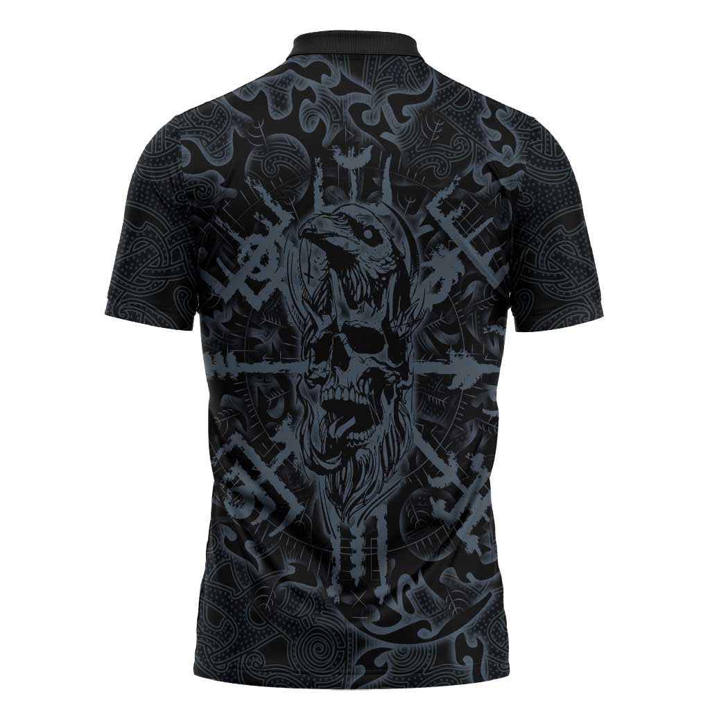 Viking Horned Skull and Raven Emblem Zipper Polo Shirt Dark Nordic Tribal Grunge Illustration