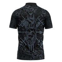 Viking Horned Skull and Raven Emblem Zipper Polo Shirt Dark Nordic Tribal Grunge Illustration