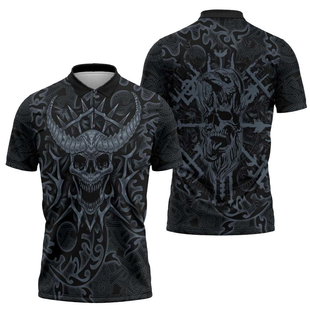 Viking Horned Skull and Raven Emblem Zipper Polo Shirt Dark Nordic Tribal Grunge Illustration