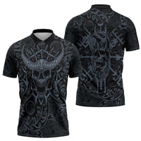 Viking Horned Skull and Raven Emblem Zipper Polo Shirt Dark Nordic Tribal Grunge Illustration