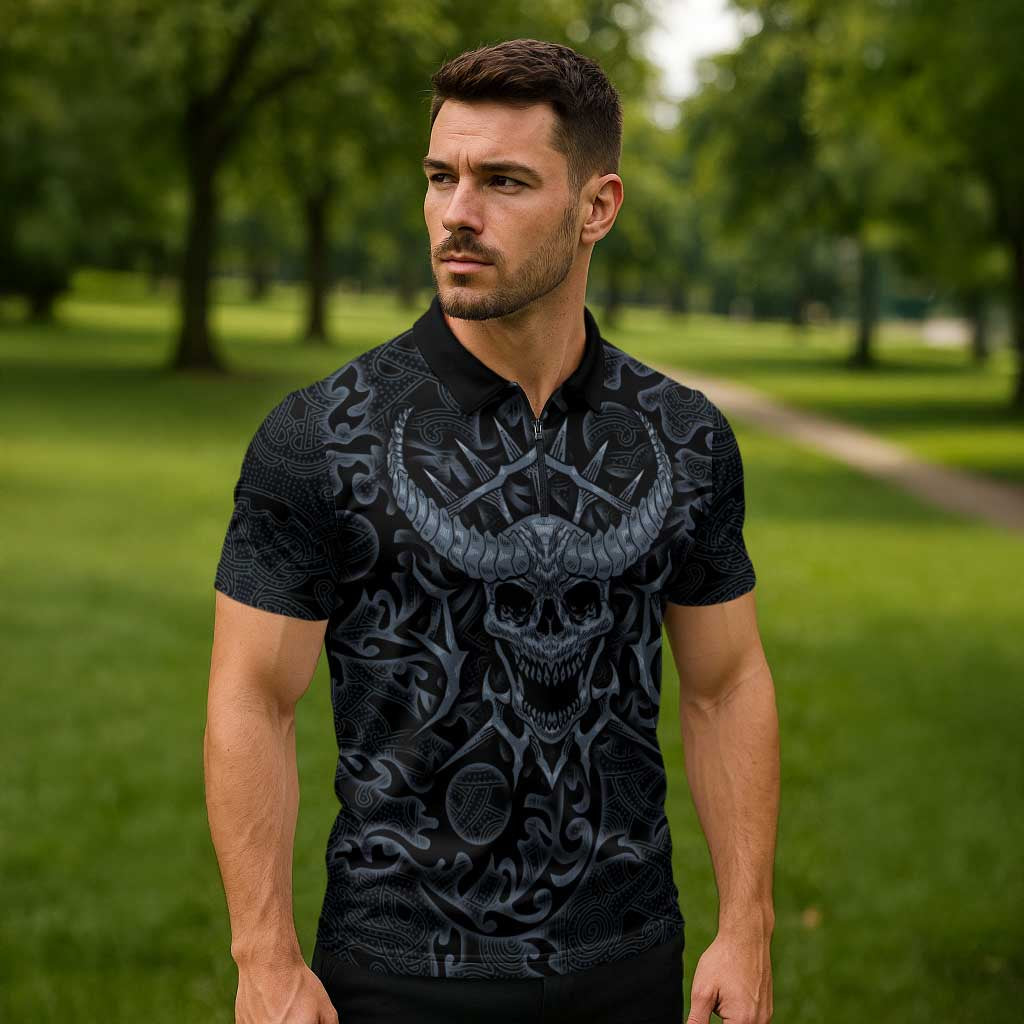 Viking Horned Skull and Raven Emblem Zipper Polo Shirt Dark Nordic Tribal Grunge Illustration