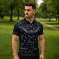Viking Horned Skull and Raven Emblem Zipper Polo Shirt Dark Nordic Tribal Grunge Illustration
