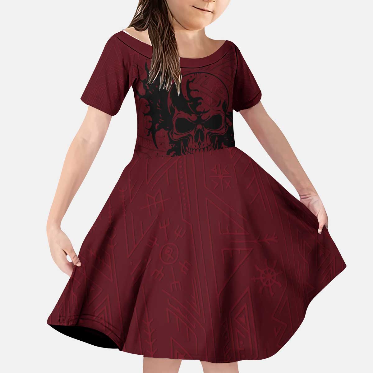 Demonic Skull Sigil Vikings Kid Short Sleeve Dress Dark Gothic Rune Grunge Illustration
