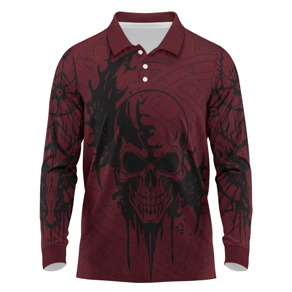 Demonic Skull Sigil Vikings Long Sleeve Polo Shirt Dark Gothic Rune Grunge Illustration