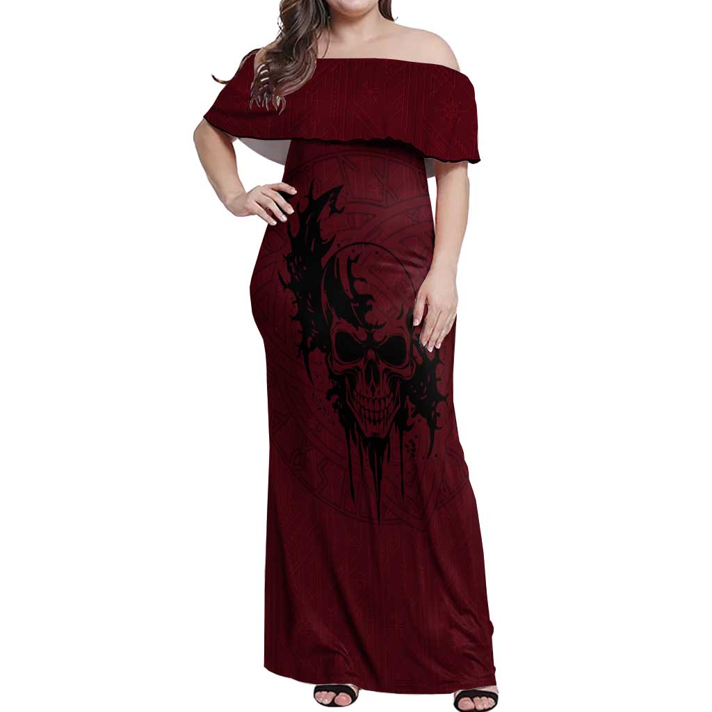 Demonic Skull Sigil Vikings Off Shoulder Maxi Dress Dark Gothic Rune Grunge Illustration