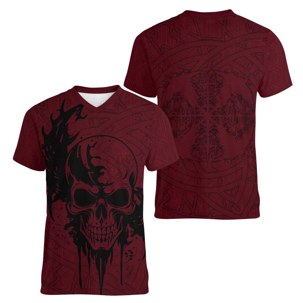Demonic Skull Sigil Vikings Women V-Neck T-Shirt Dark Gothic Rune Grunge Illustration