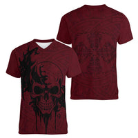 Demonic Skull Sigil Vikings Women V-Neck T-Shirt Dark Gothic Rune Grunge Illustration