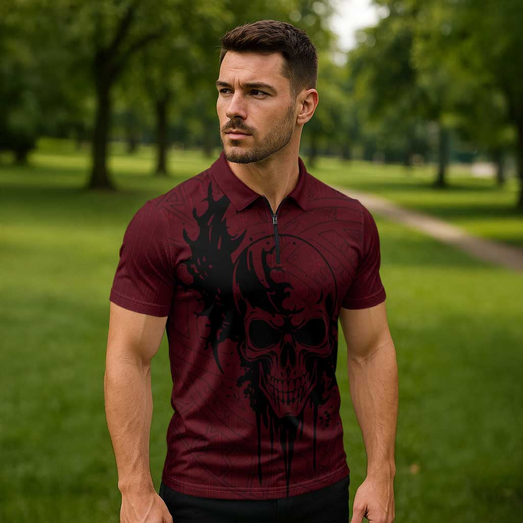 Demonic Skull Sigil Vikings Zipper Polo Shirt Dark Gothic Rune Grunge Illustration