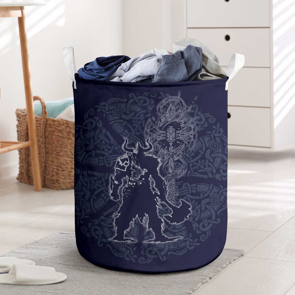 Odin Silhouette with Raven and Valknut Laundry Basket Nordic Mythology Line Art Illustration