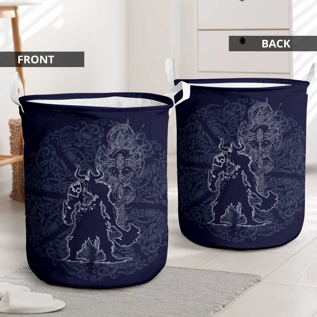 Odin Silhouette with Raven and Valknut Laundry Basket Nordic Mythology Line Art Illustration