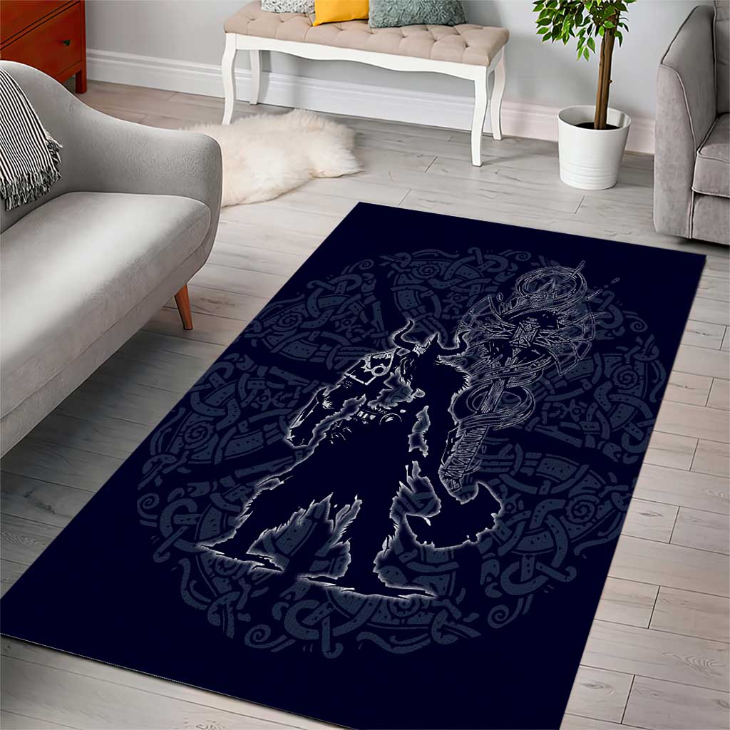 Odin Silhouette with Raven and Valknut Area Rug Nordic Mythology Line Art Illustration