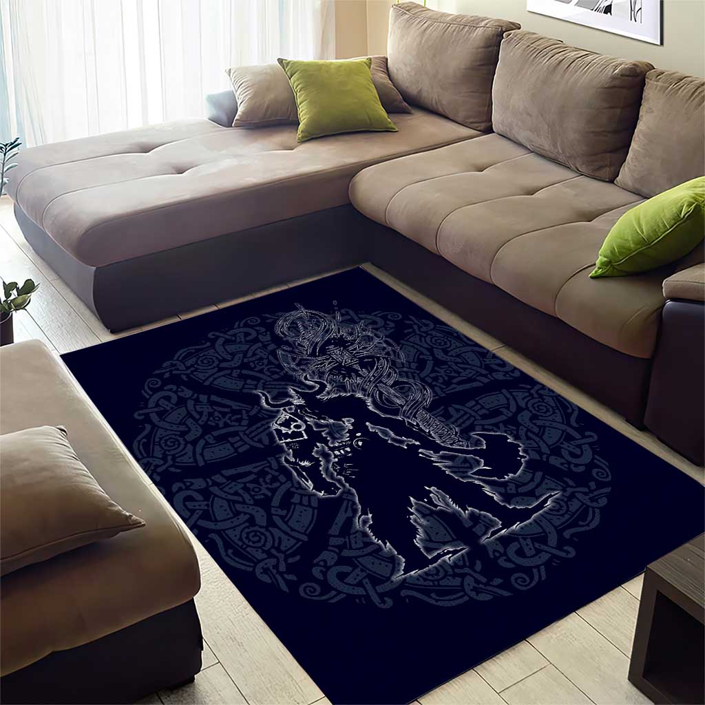Odin Silhouette with Raven and Valknut Area Rug Nordic Mythology Line Art Illustration