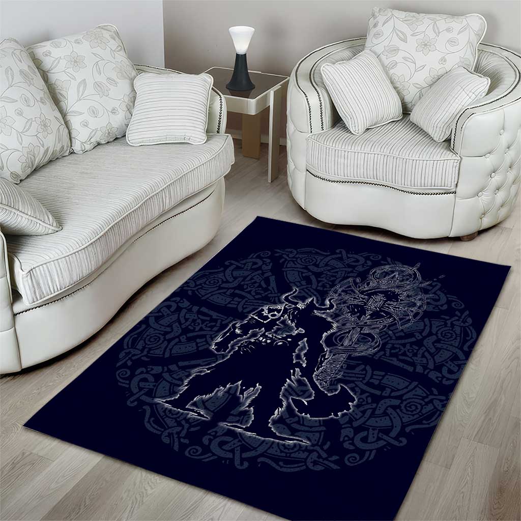 Odin Silhouette with Raven and Valknut Area Rug Nordic Mythology Line Art Illustration