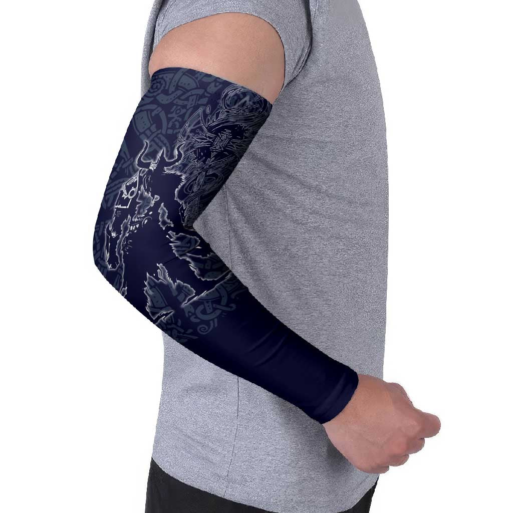 Odin Silhouette with Raven and Valknut Arm Sleeves Nordic Mythology Line Art Illustration