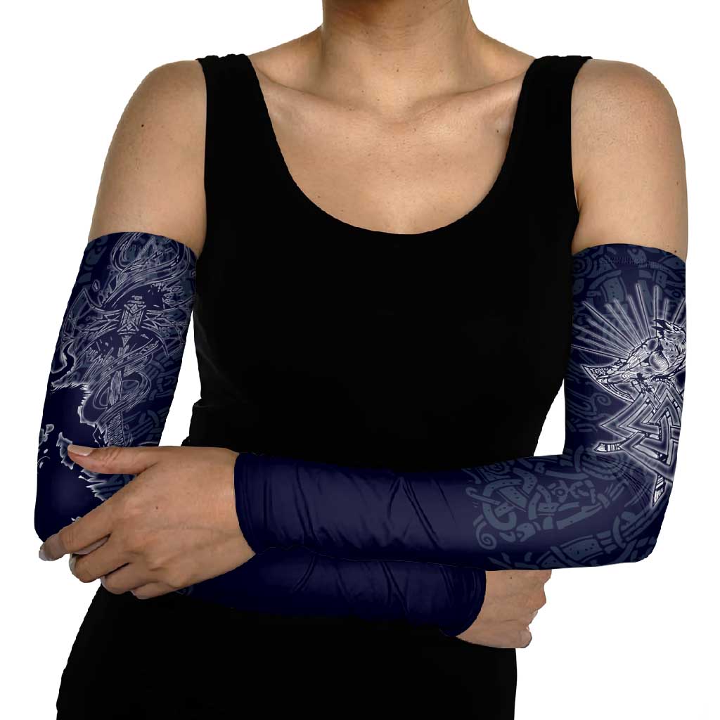 Odin Silhouette with Raven and Valknut Arm Sleeves Nordic Mythology Line Art Illustration