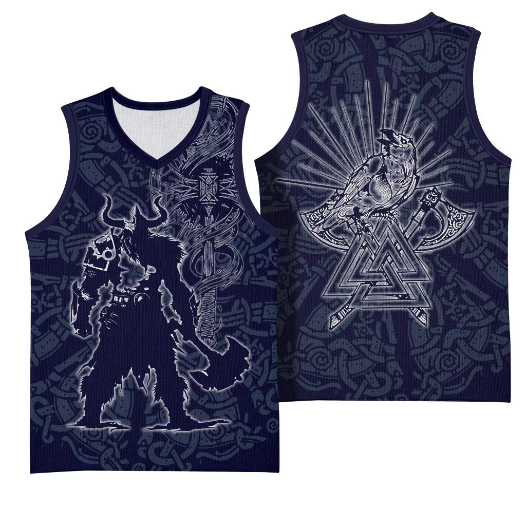 Odin Silhouette with Raven and Valknut Basketball Jersey Nordic Mythology Line Art Illustration