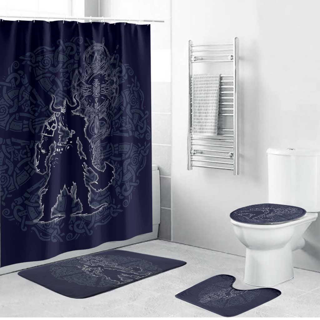 Odin Silhouette with Raven and Valknut Bathroom Set Nordic Mythology Line Art Illustration