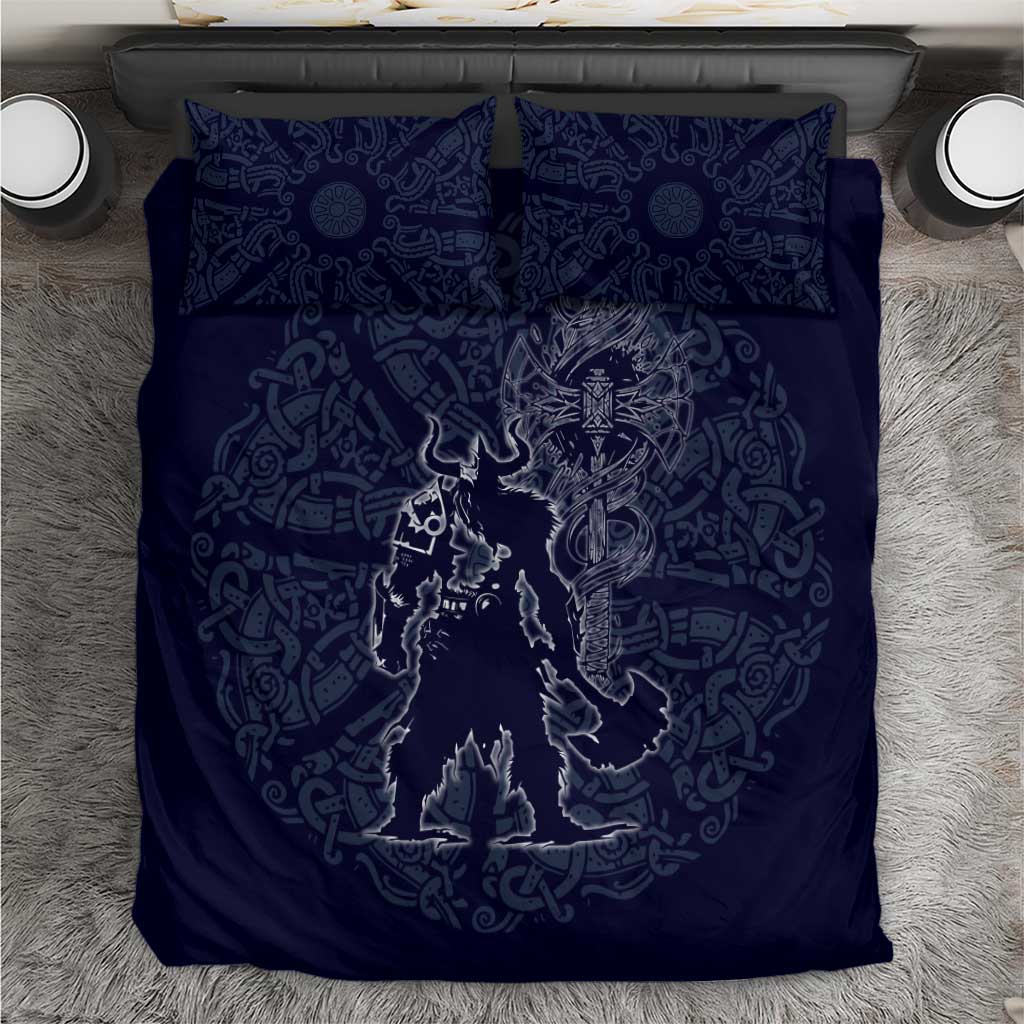 Odin Silhouette with Raven and Valknut Bedding Set Nordic Mythology Line Art Illustration
