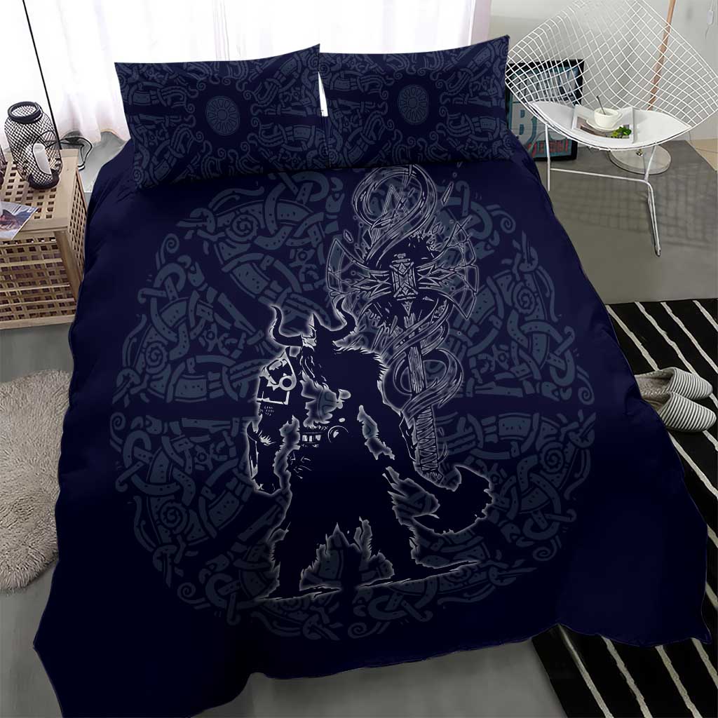 Odin Silhouette with Raven and Valknut Bedding Set Nordic Mythology Line Art Illustration