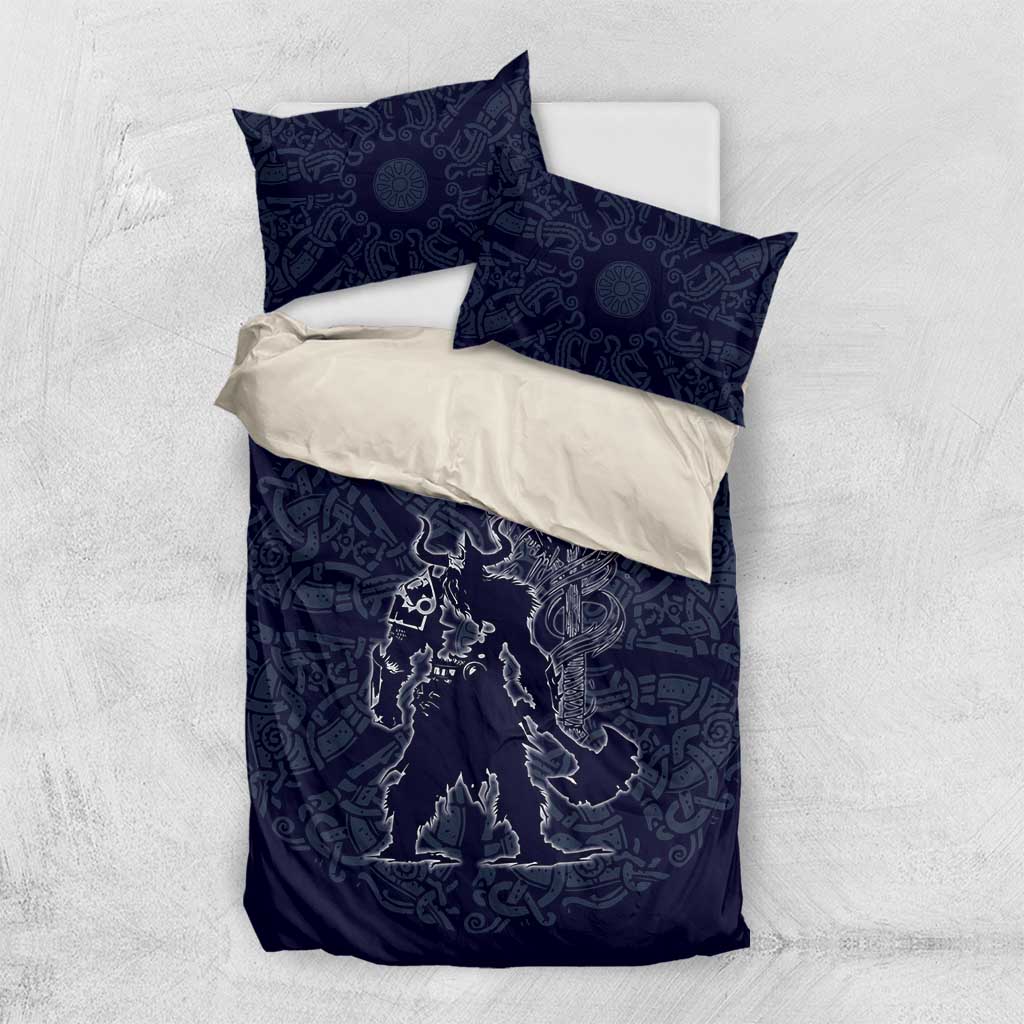 Odin Silhouette with Raven and Valknut Bedding Set Nordic Mythology Line Art Illustration