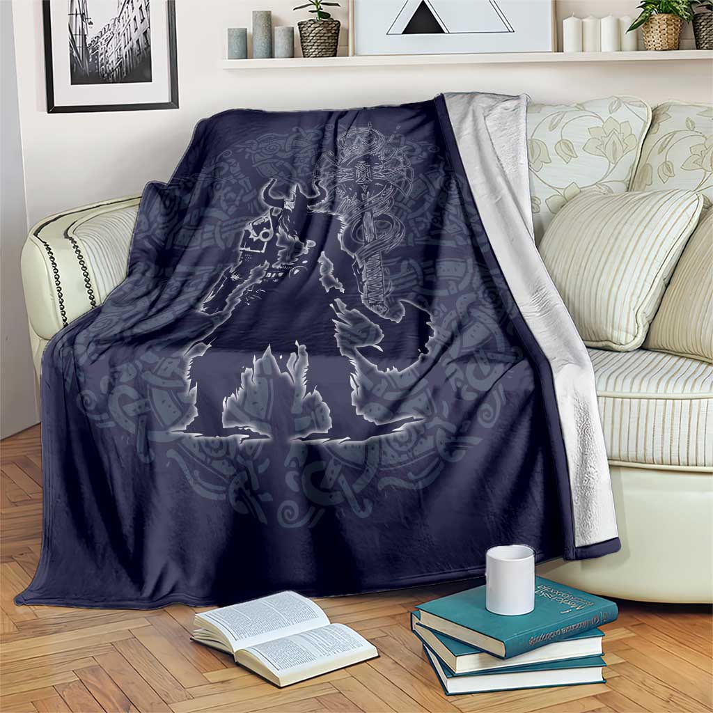 Odin Silhouette with Raven and Valknut Blanket Nordic Mythology Line Art Illustration