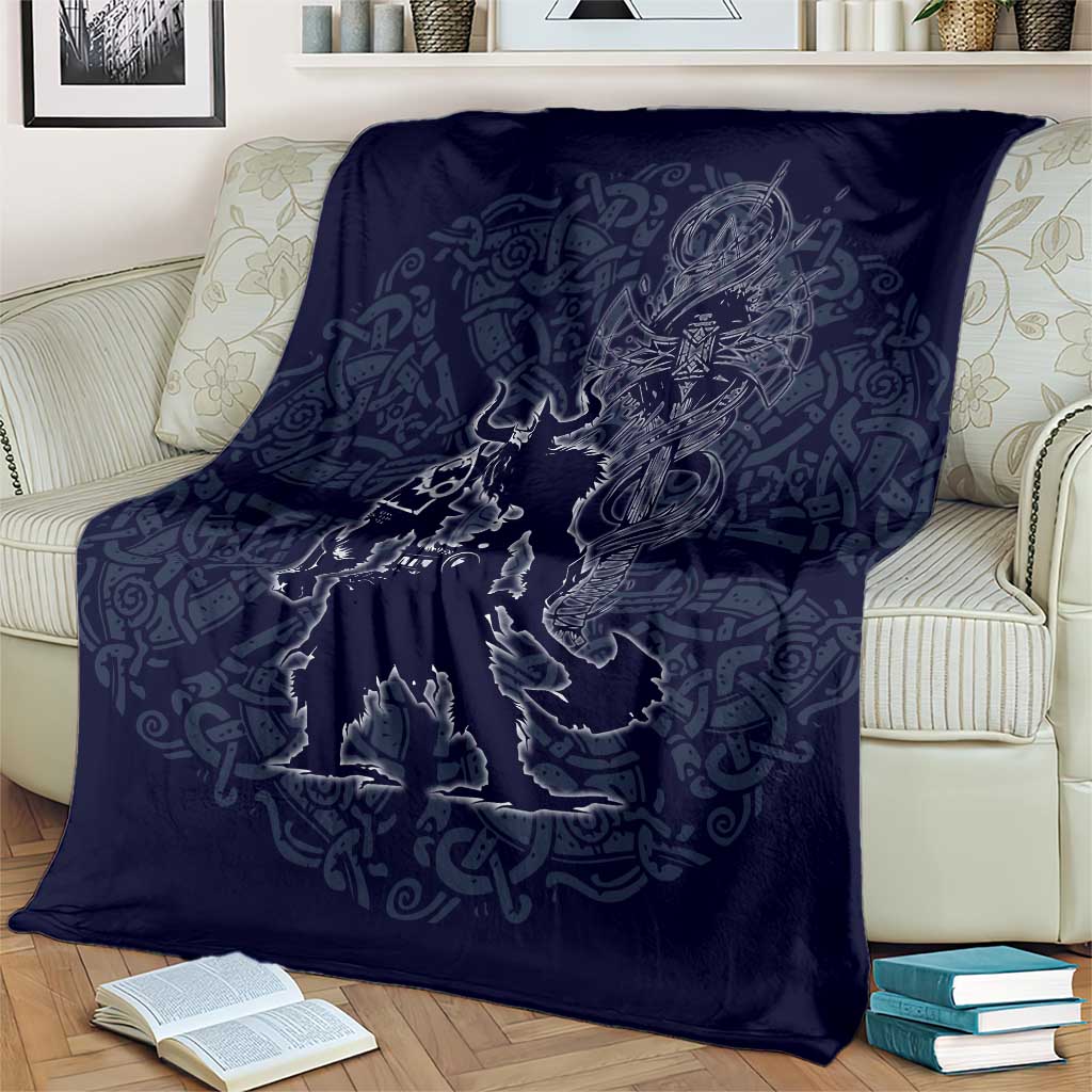 Odin Silhouette with Raven and Valknut Blanket Nordic Mythology Line Art Illustration